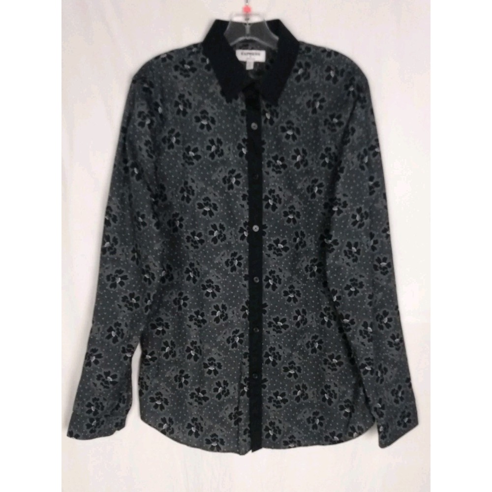 Express Men's Extra Slim Fit Floral Long Sleeve Button-Down Shirt L/G Black